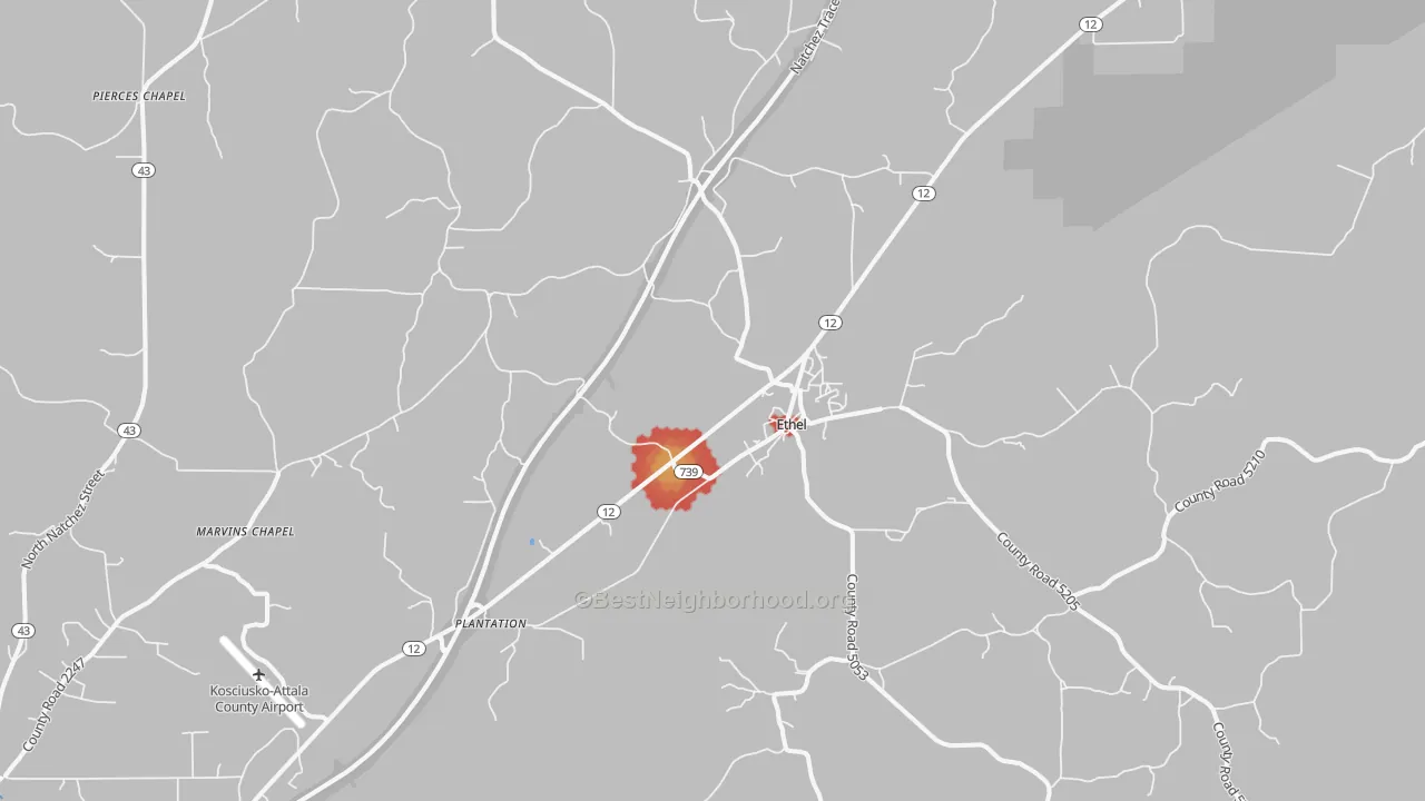 Walk Grade map of Ethel, MS, walkable areas in green and car-dependent areas in red