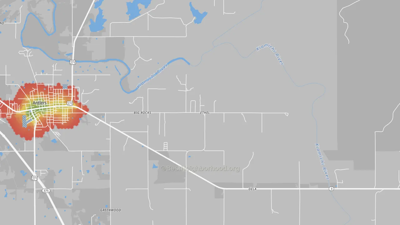 Walk Grade map of Ethel, OK, walkable areas in green and car-dependent areas in red