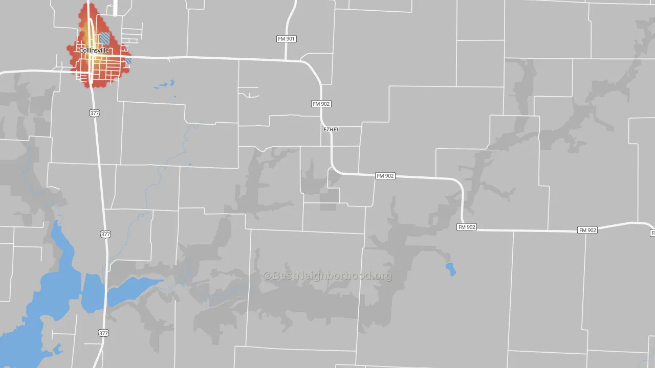 Walk Grade map of Ethel, TX, walkable areas in green and car-dependent areas in red