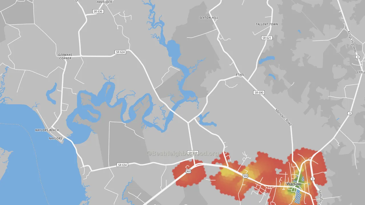 Walk Grade map of Ethel, VA, walkable areas in green and car-dependent areas in red