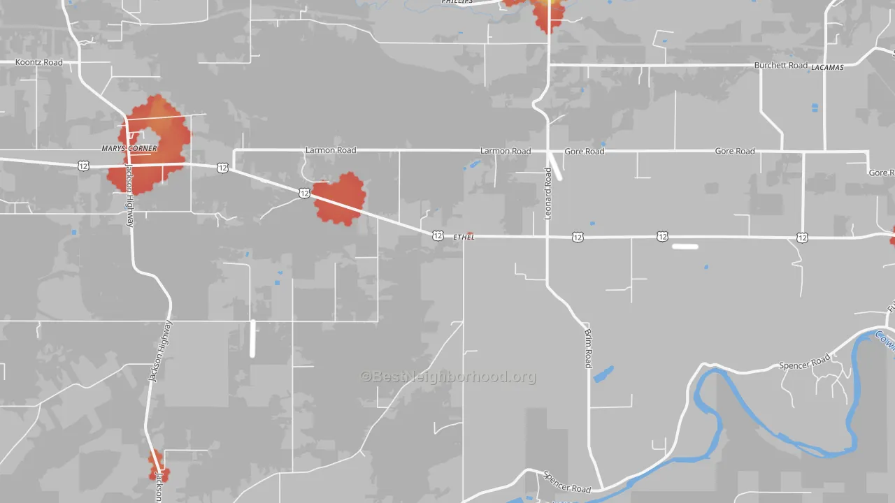 Walk Grade map of Ethel, WA, walkable areas in green and car-dependent areas in red