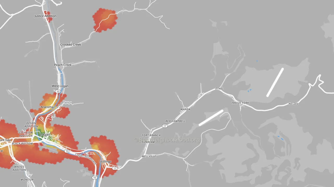 Walk Grade map of Ethel, WV, walkable areas in green and car-dependent areas in red