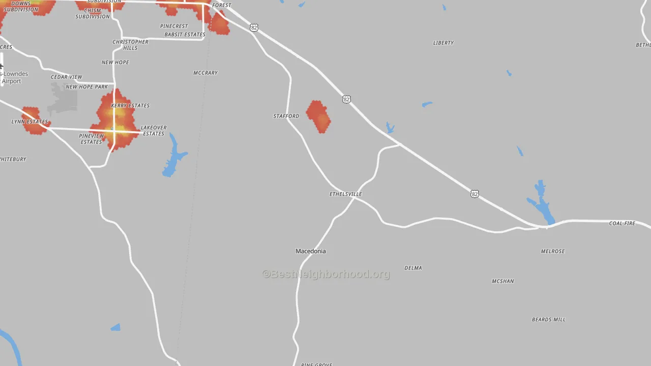 Walk Grade map of Ethelsville, AL, walkable areas in green and car-dependent areas in red