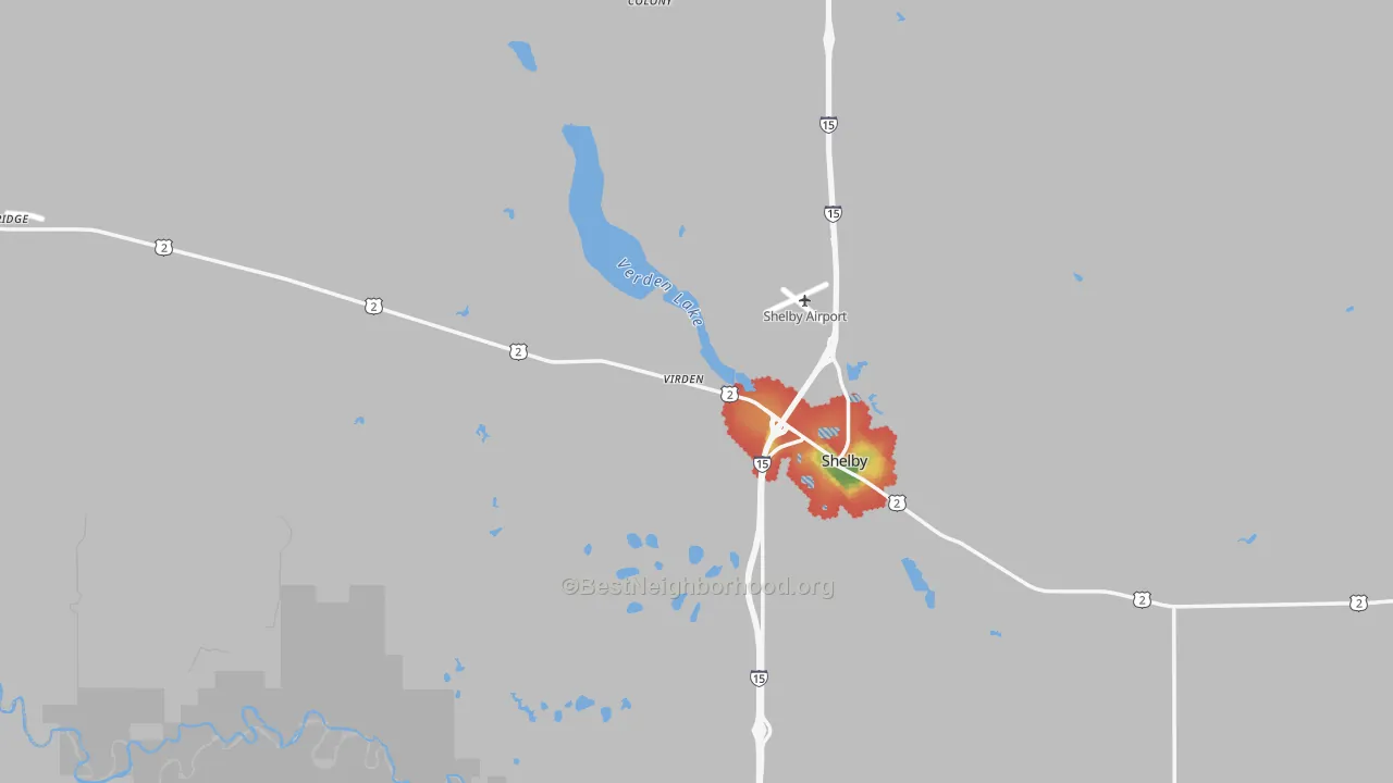 Walk Grade map of Ethridge, MT, walkable areas in green and car-dependent areas in red