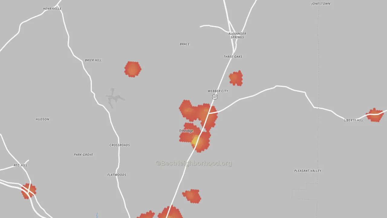 Walk Grade map of Ethridge, TN, walkable areas in green and car-dependent areas in red
