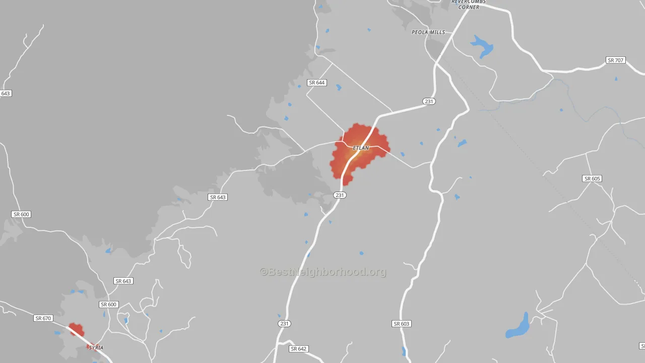 Walk Grade map of Etlan, VA, walkable areas in green and car-dependent areas in red