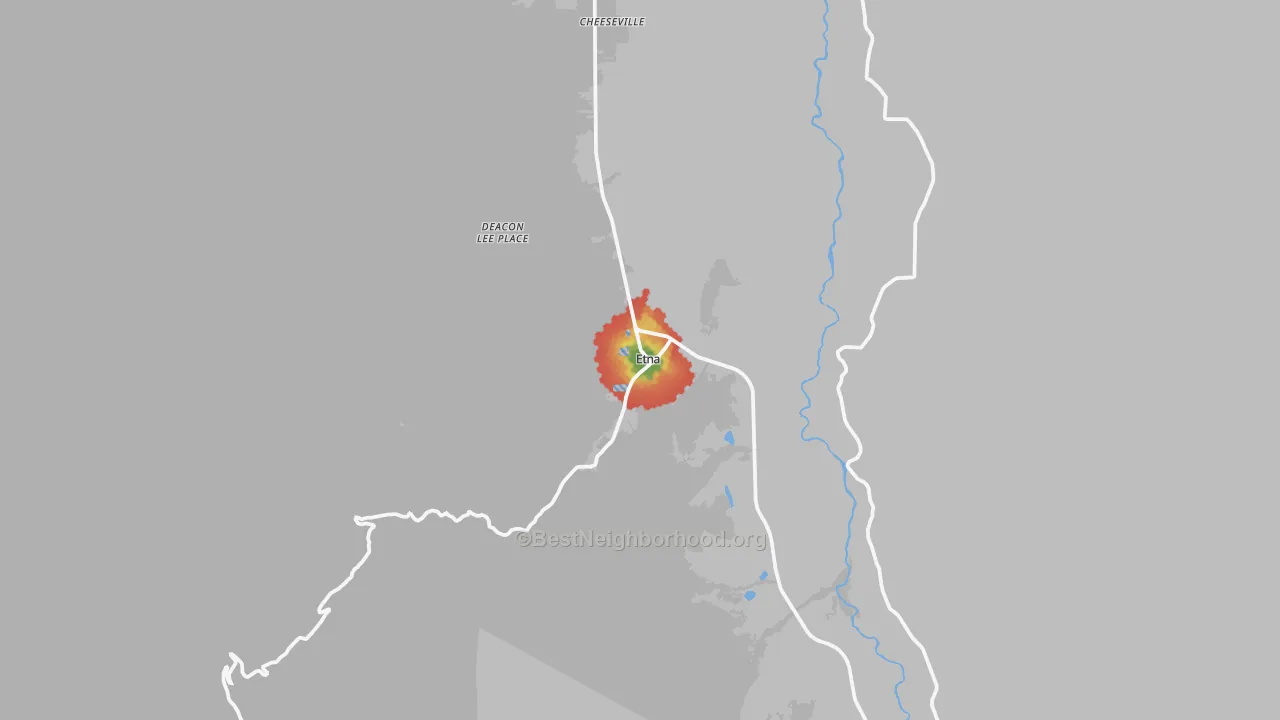 Walk Grade map of Etna, CA, walkable areas in green and car-dependent areas in red