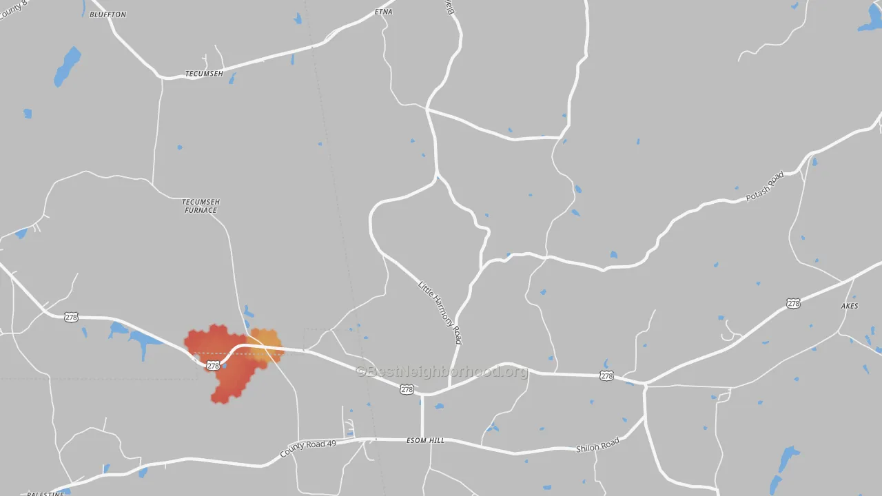 Walk Grade map of Etna, GA, walkable areas in green and car-dependent areas in red