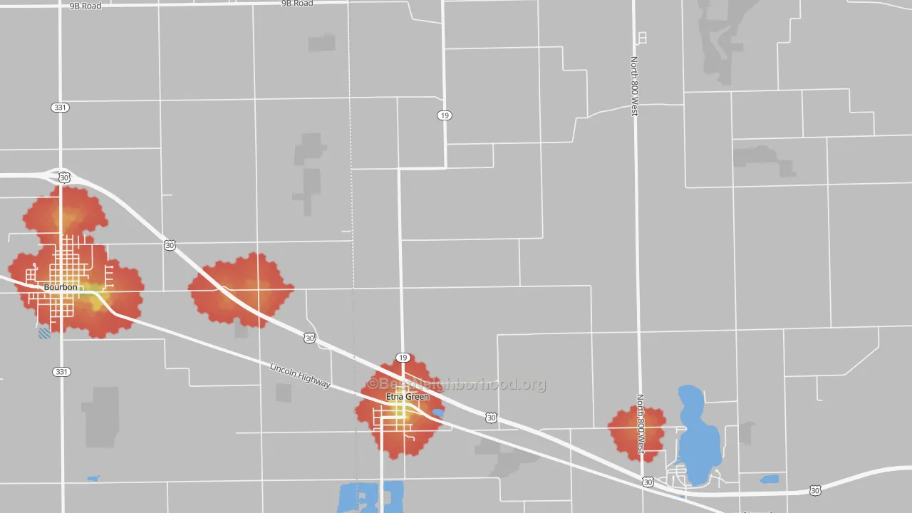 Walk Grade map of Etna Green, IN, walkable areas in green and car-dependent areas in red
