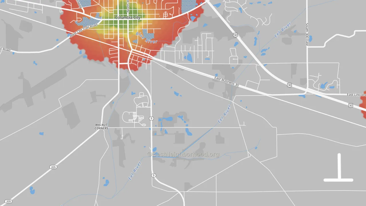 Walk Grade map of Etna, IN, walkable areas in green and car-dependent areas in red