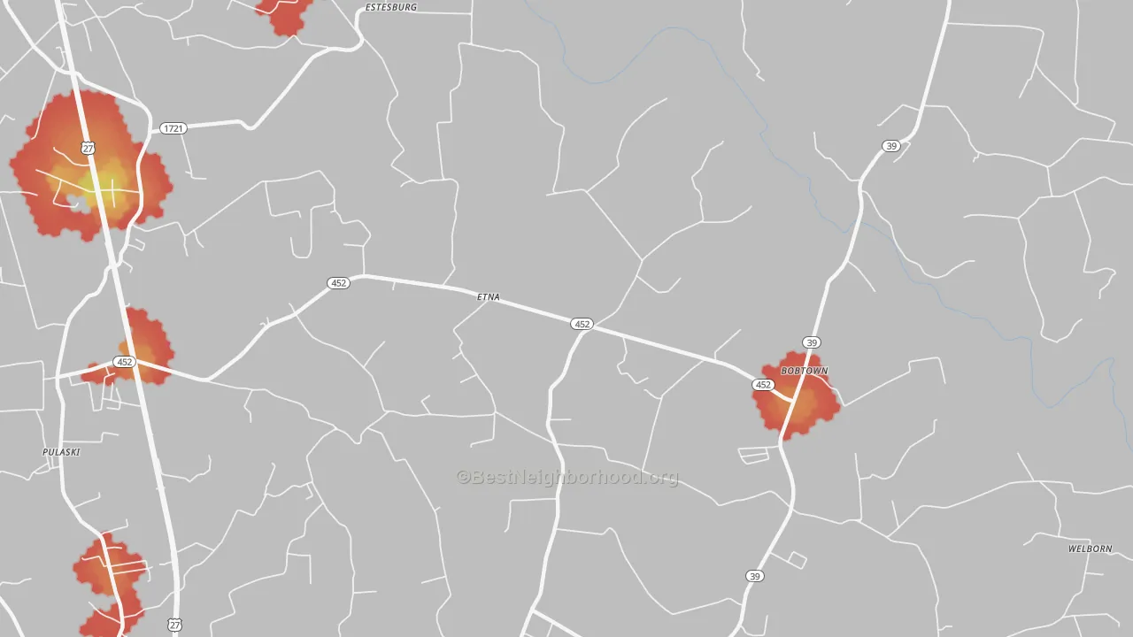 Walk Grade map of Etna, KY, walkable areas in green and car-dependent areas in red