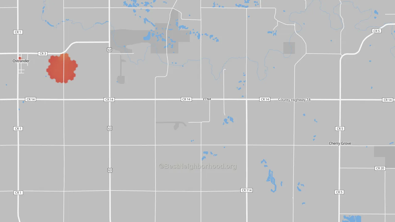 Walk Grade map of Etna, MN, walkable areas in green and car-dependent areas in red
