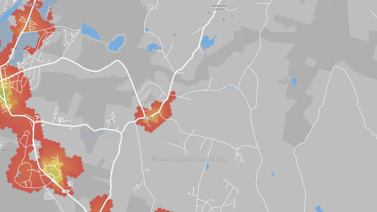 Walk Grade map of Etna, NH, walkable areas in green and car-dependent areas in red