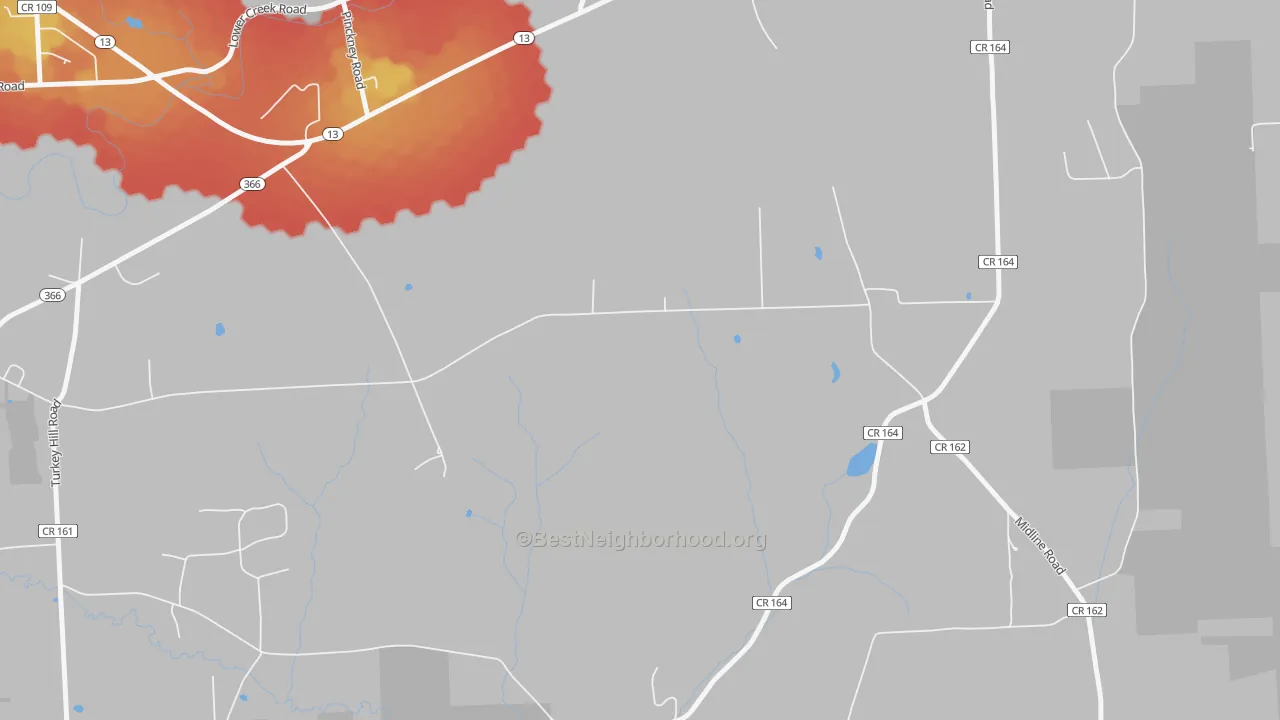 Walk Grade map of Etna, NY, walkable areas in green and car-dependent areas in red