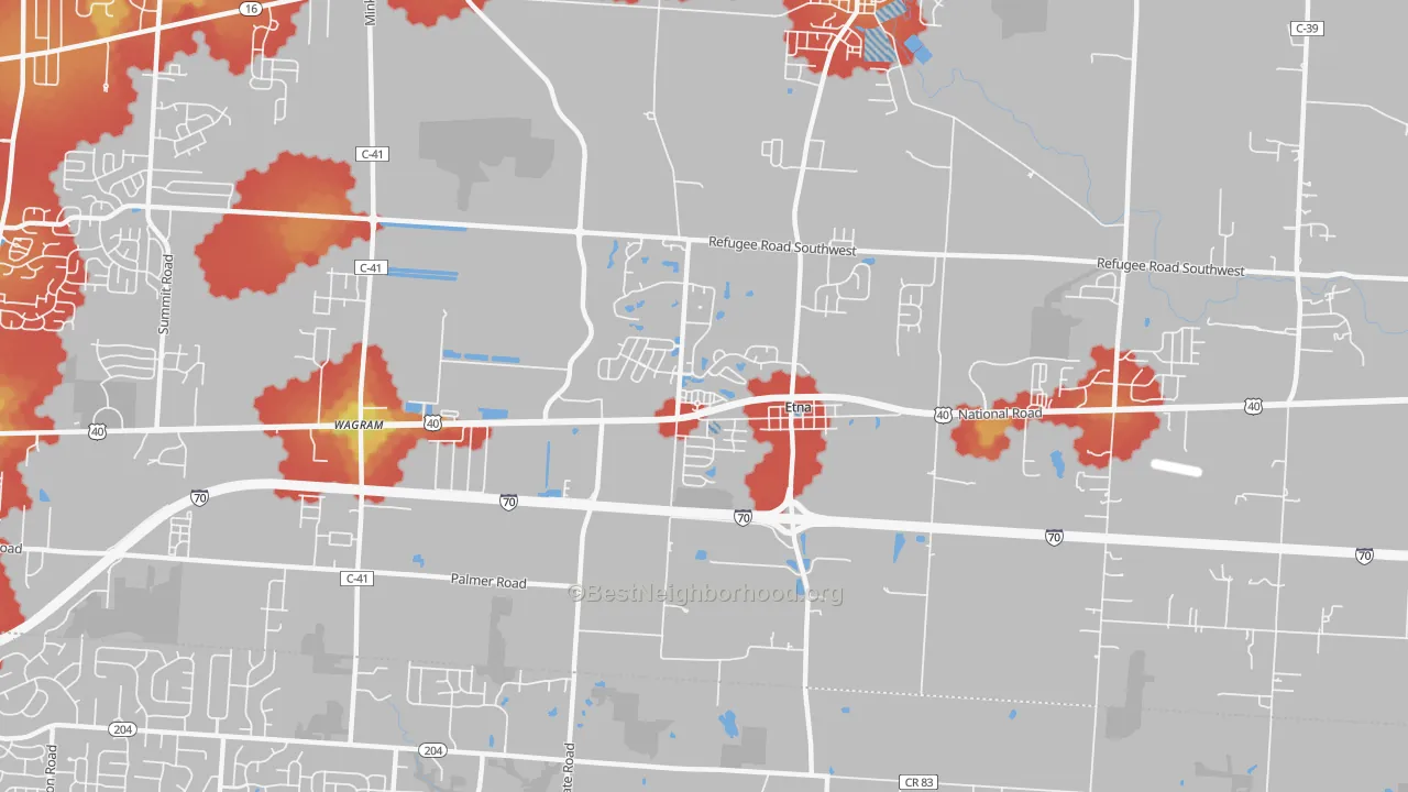 Walk Grade map of Etna, OH, walkable areas in green and car-dependent areas in red