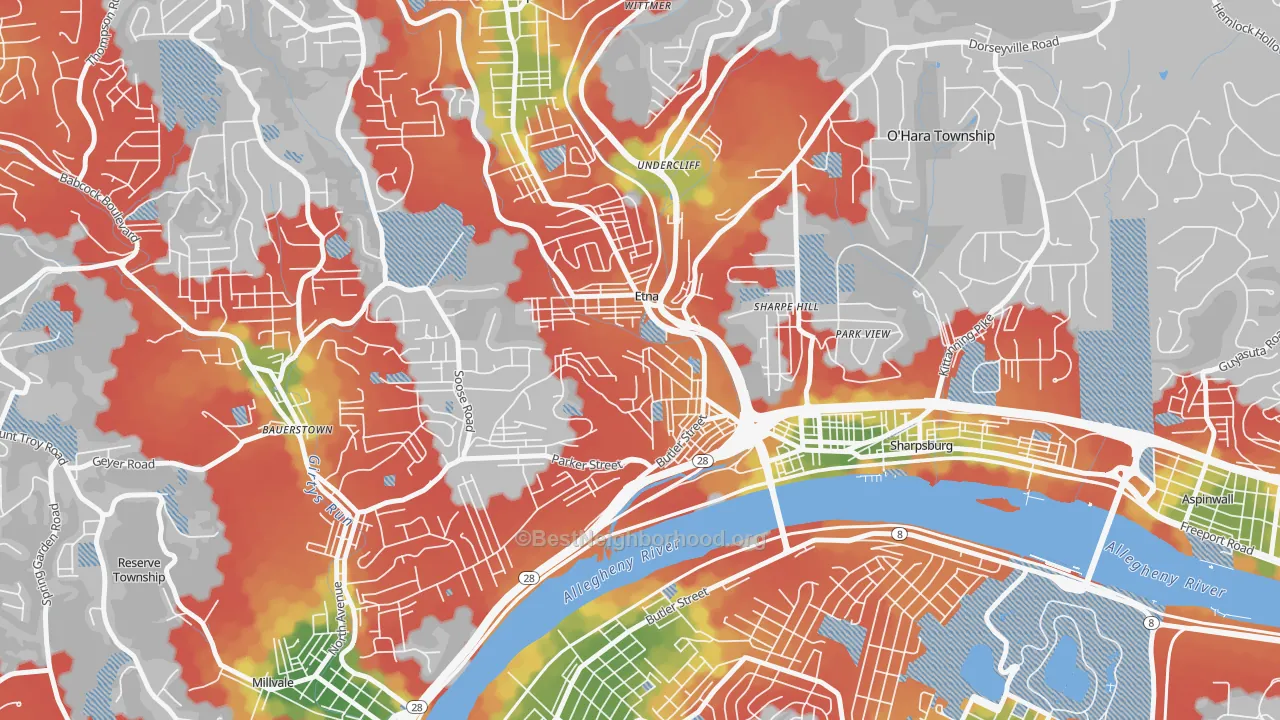Walk Grade map of Etna, PA, walkable areas in green and car-dependent areas in red