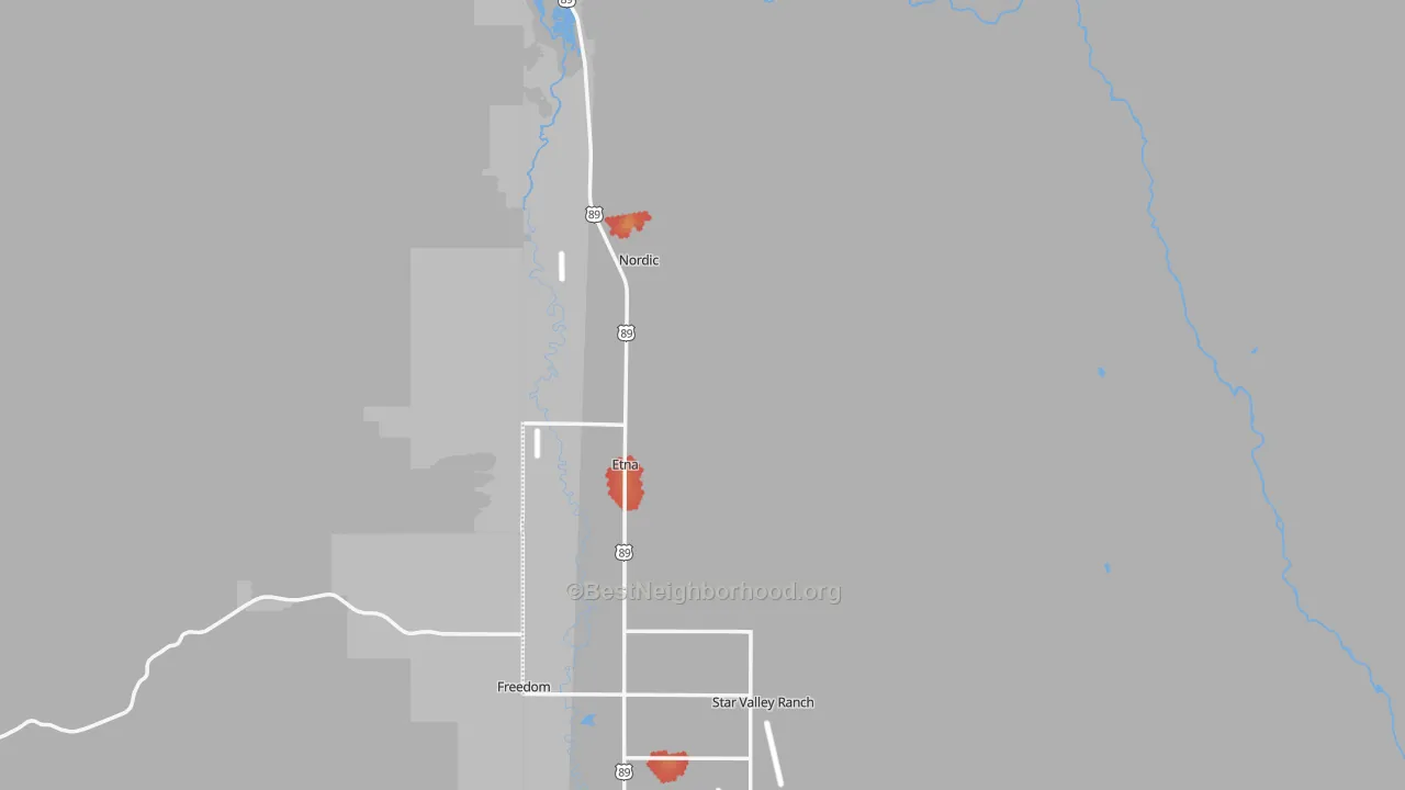 Walk Grade map of Etna, WY, walkable areas in green and car-dependent areas in red