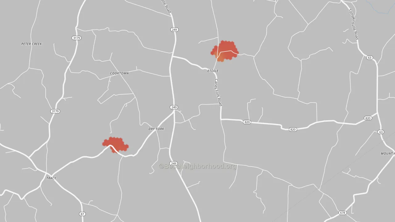Walk Grade map of Etoile, KY, walkable areas in green and car-dependent areas in red