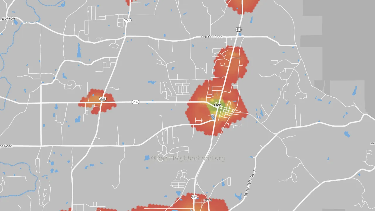 Walk Grade map of Eton, GA, walkable areas in green and car-dependent areas in red