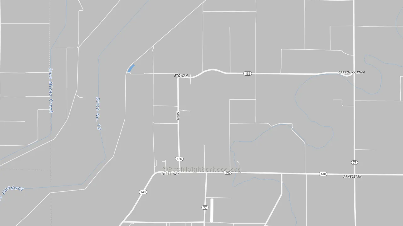 Walk Grade map of Etowah, AR, walkable areas in green and car-dependent areas in red