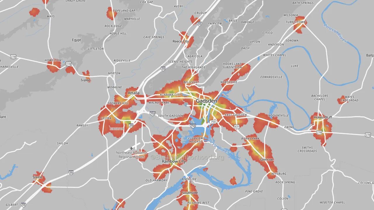 Walk Grade map of Etowah County, AL, walkable areas in green and car-dependent areas in red