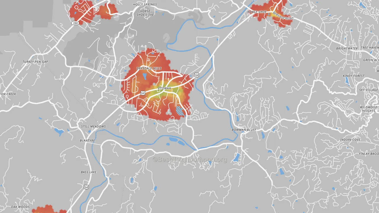 Walk Grade map of Etowah, NC, walkable areas in green and car-dependent areas in red