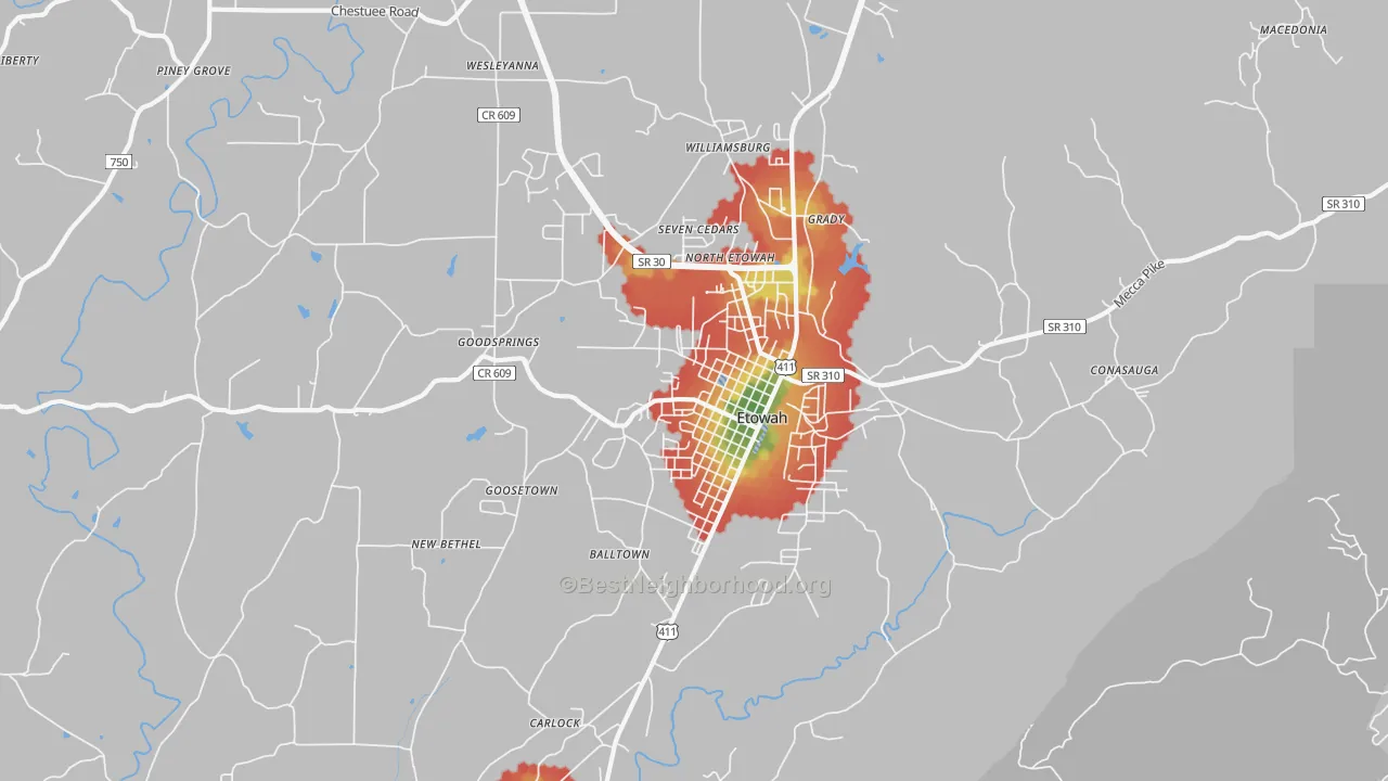 Walk Grade map of Etowah, TN, walkable areas in green and car-dependent areas in red