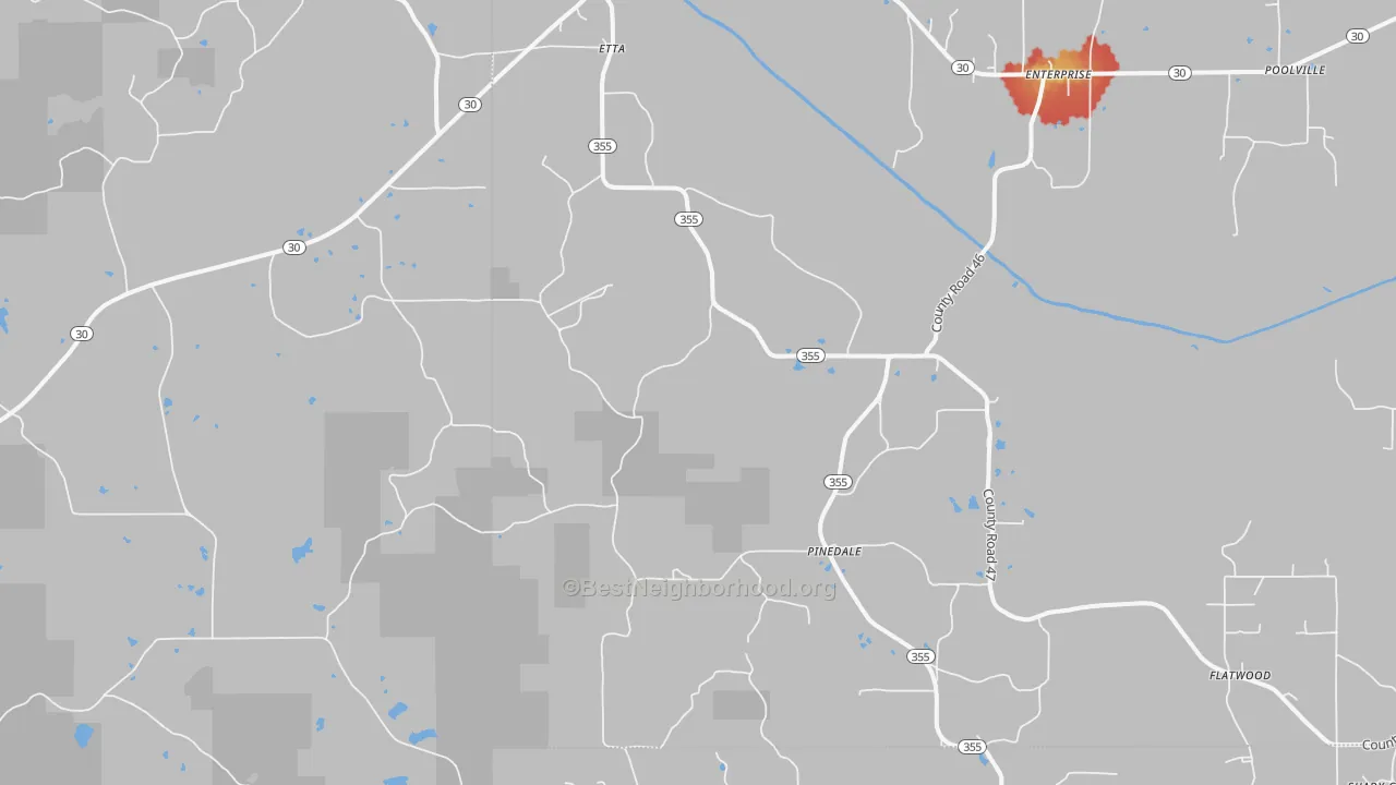 Walk Grade map of Etta, MS, walkable areas in green and car-dependent areas in red