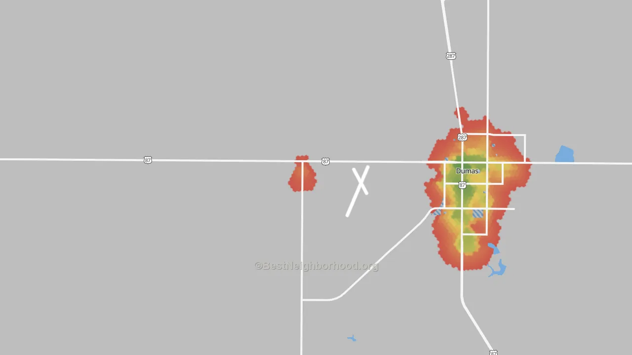 Walk Grade map of Etter, TX, walkable areas in green and car-dependent areas in red