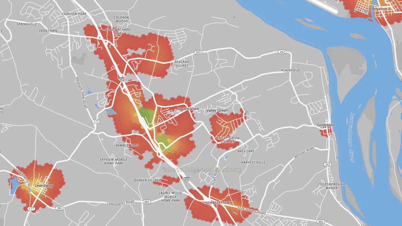 Walk Grade map of Etters, PA, walkable areas in green and car-dependent areas in red