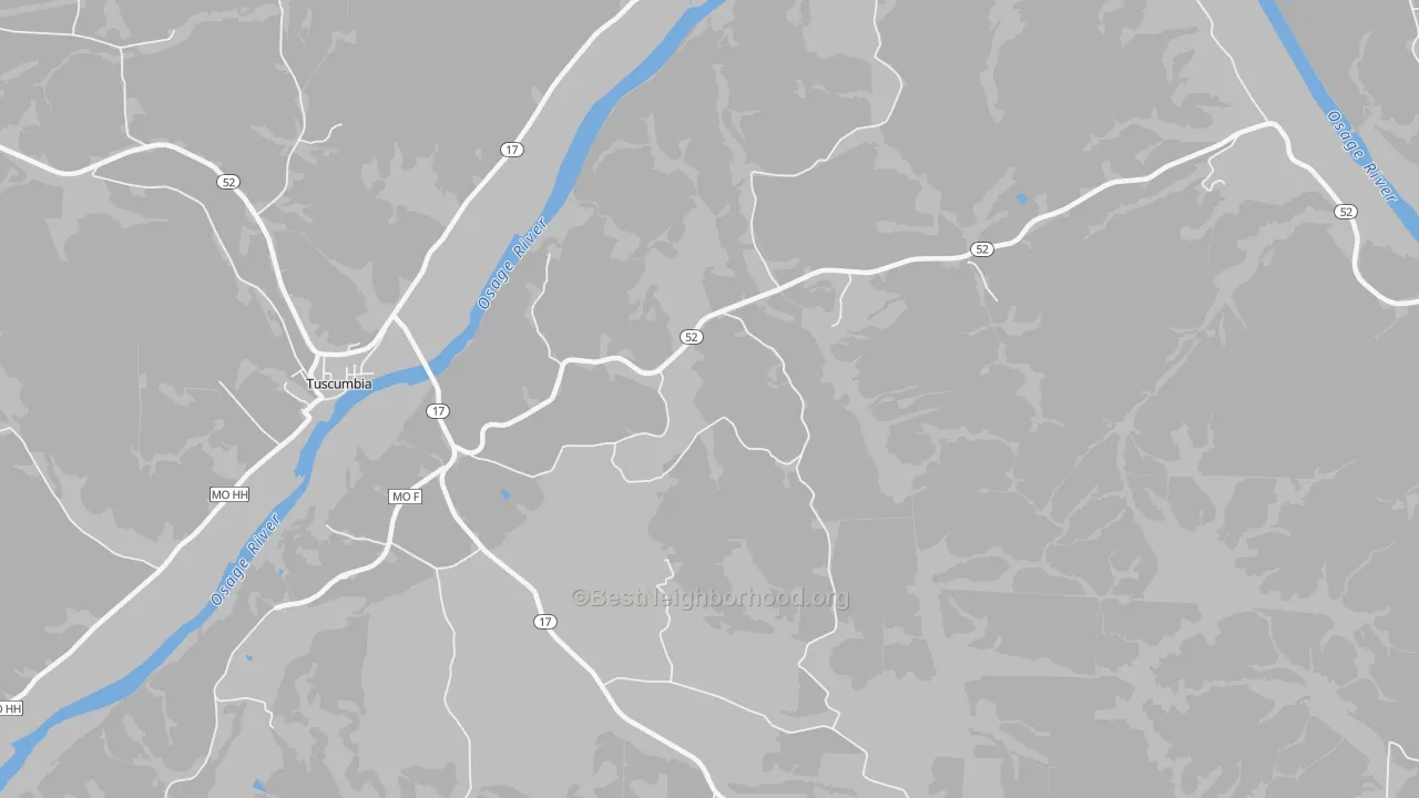 Walk Grade map of Etterville, MO, walkable areas in green and car-dependent areas in red