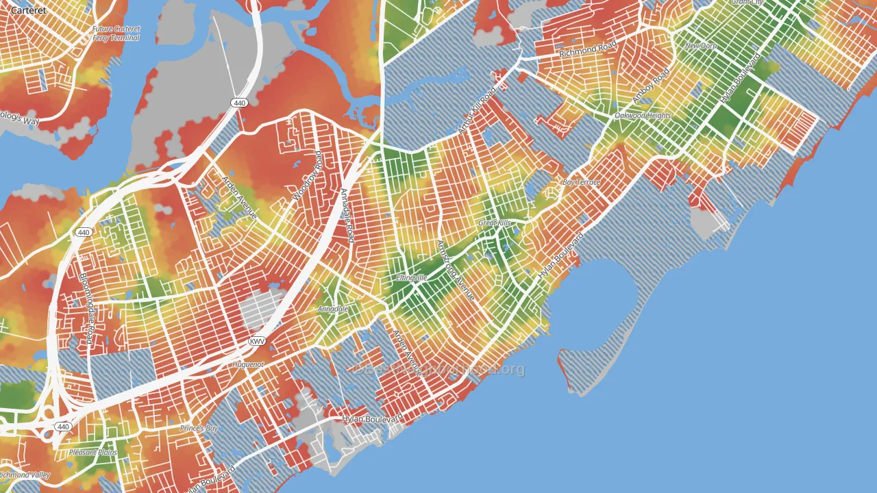 Walk Grade map of Ettingville, Staten Island, NY, walkable areas in green and car-dependent areas in red