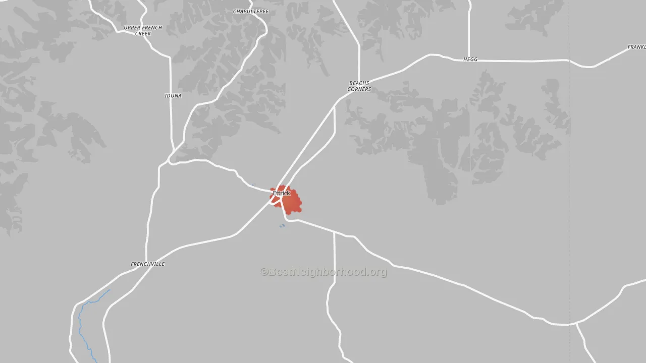 Walk Grade map of Ettrick, WI, walkable areas in green and car-dependent areas in red