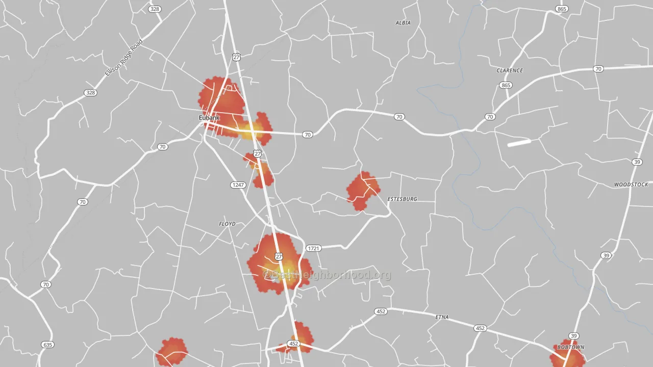 Walk Grade map of Eubank, KY, walkable areas in green and car-dependent areas in red