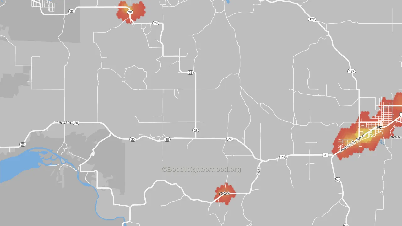 Walk Grade map of Eucha, OK, walkable areas in green and car-dependent areas in red