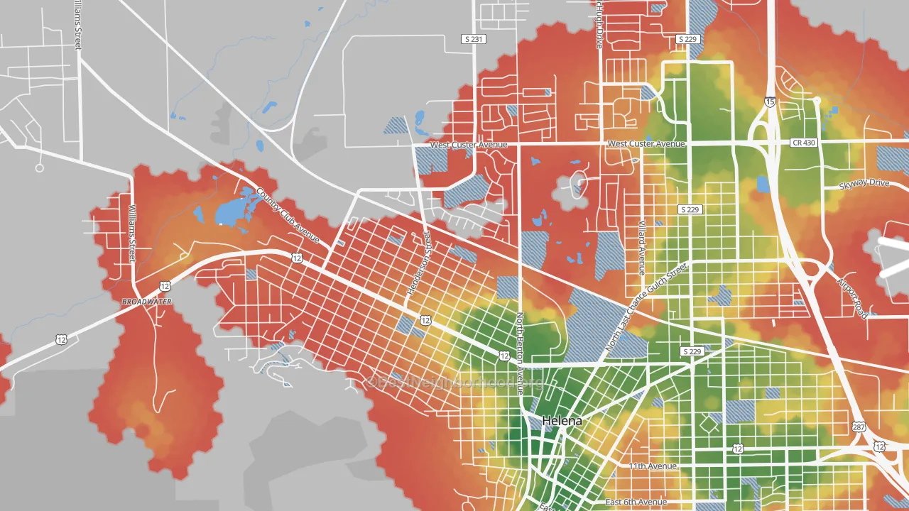 Walk Grade map of Euclid Ave North, Helena, MT, walkable areas in green and car-dependent areas in red