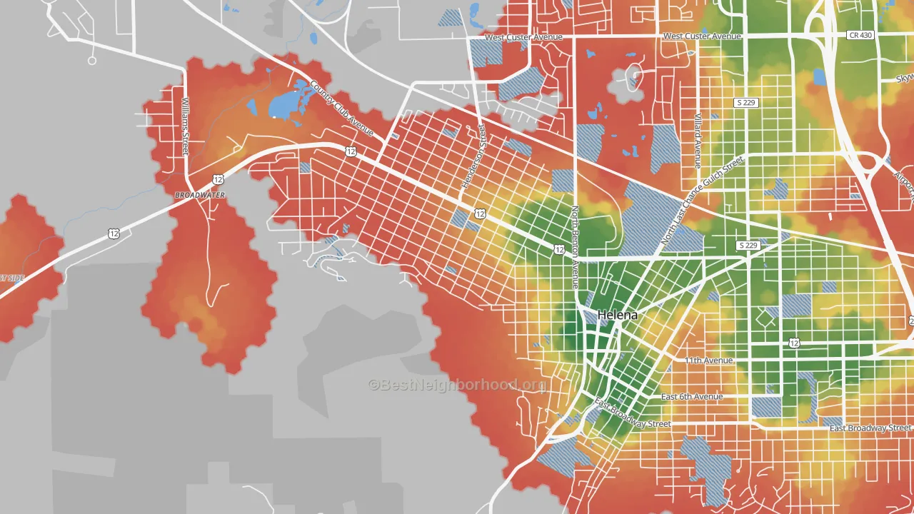 Walk Grade map of Euclid Ave South, Helena, MT, walkable areas in green and car-dependent areas in red
