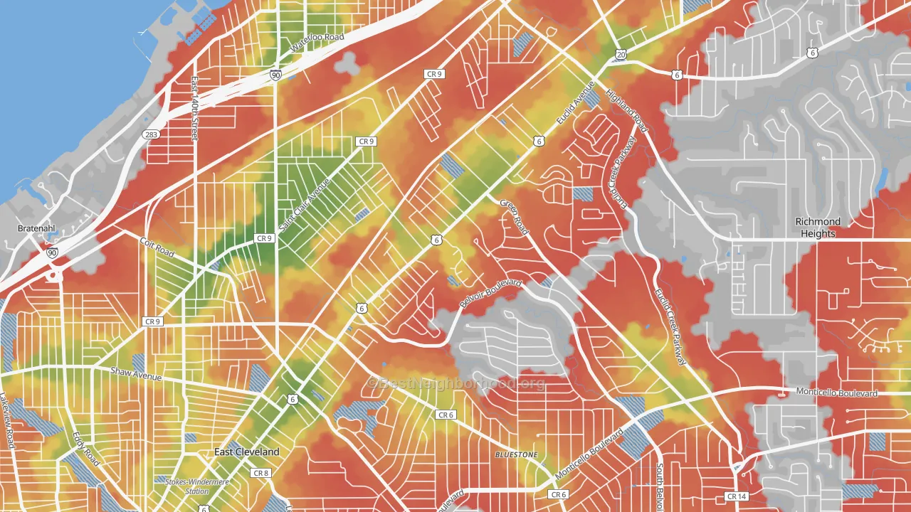 Walk Grade map of Euclid-Green, Cleveland, OH, walkable areas in green and car-dependent areas in red