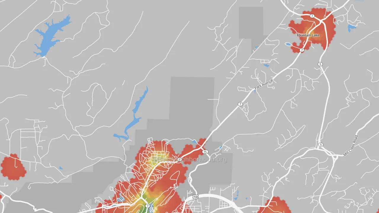 Walk Grade map of Euclid Heights, AR, walkable areas in green and car-dependent areas in red
