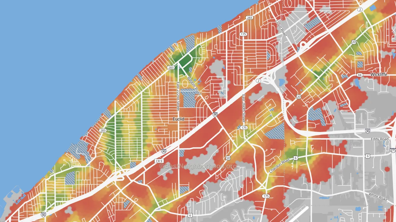 Walk Grade map of Euclid, OH, walkable areas in green and car-dependent areas in red
