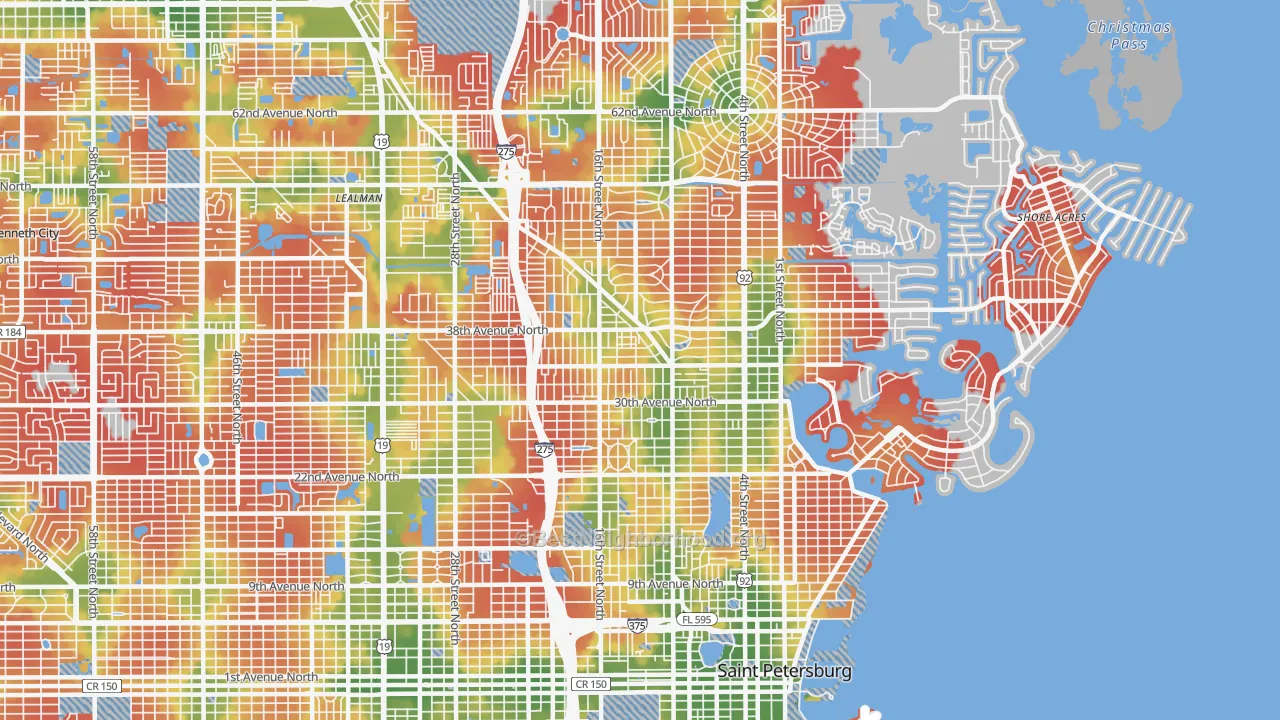 Walk Grade map of Euclid-St Paul, St. Petersburg, FL, walkable areas in green and car-dependent areas in red