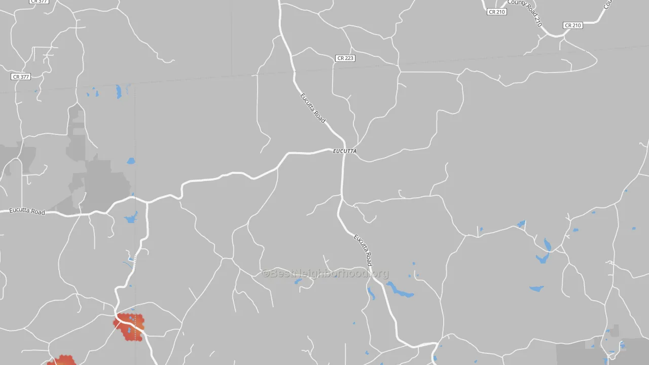 Walk Grade map of Eucutta, MS, walkable areas in green and car-dependent areas in red