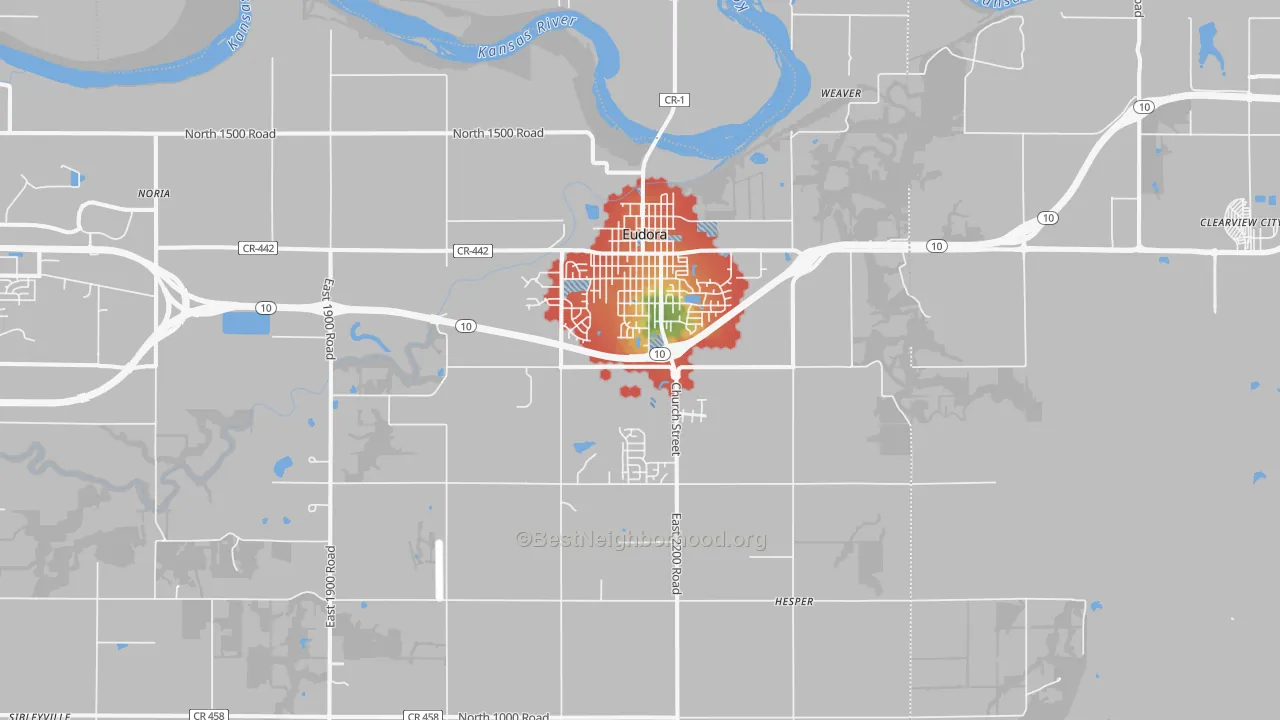 Walk Grade map of Eudora, KS, walkable areas in green and car-dependent areas in red