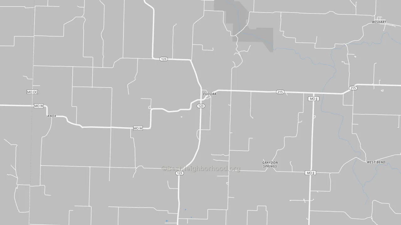 Walk Grade map of Eudora, MO, walkable areas in green and car-dependent areas in red