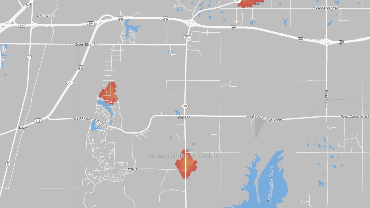 Walk Grade map of Eudora, MS, walkable areas in green and car-dependent areas in red