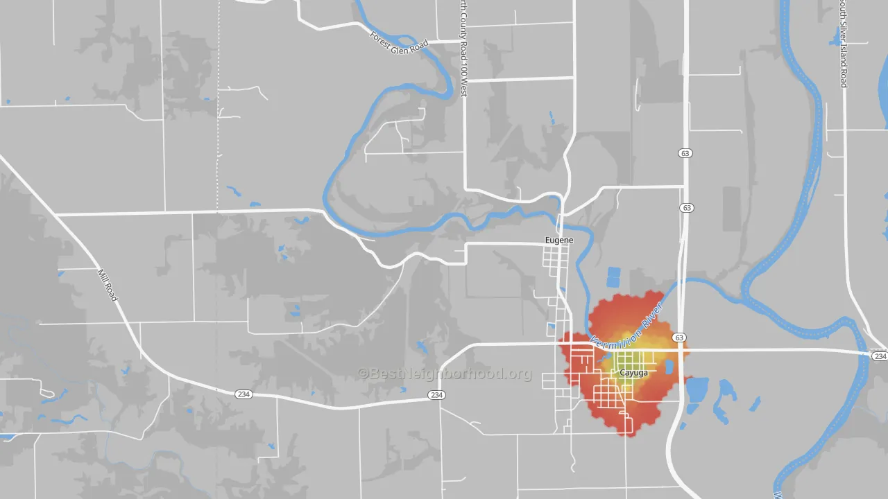 Walk Grade map of Eugene, IN, walkable areas in green and car-dependent areas in red
