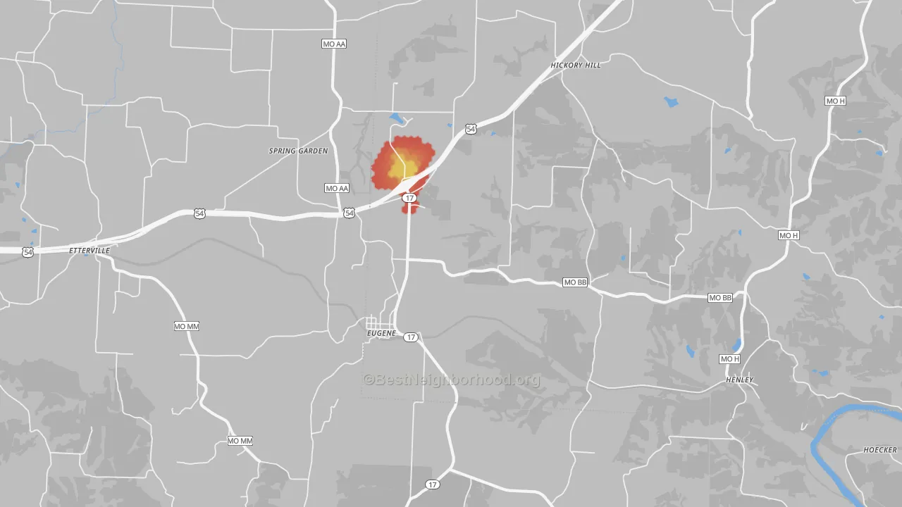Walk Grade map of Eugene, MO, walkable areas in green and car-dependent areas in red