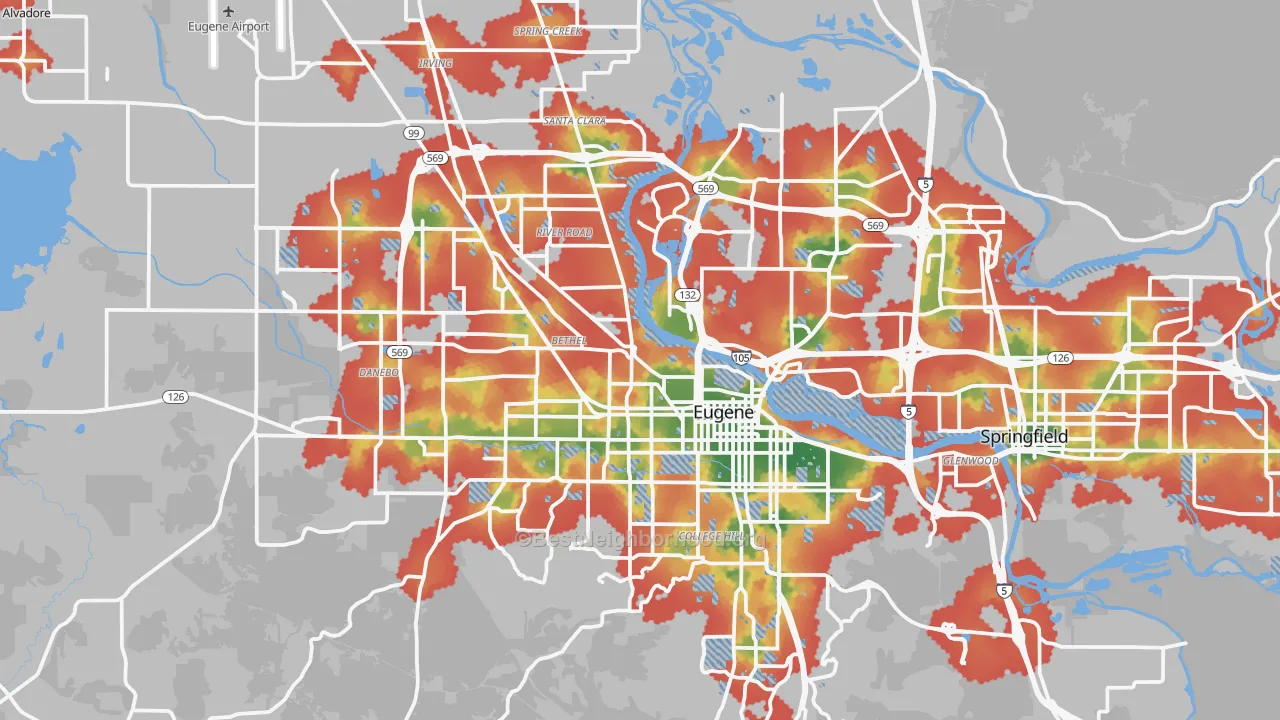 Walk Grade map of Eugene, OR, walkable areas in green and car-dependent areas in red