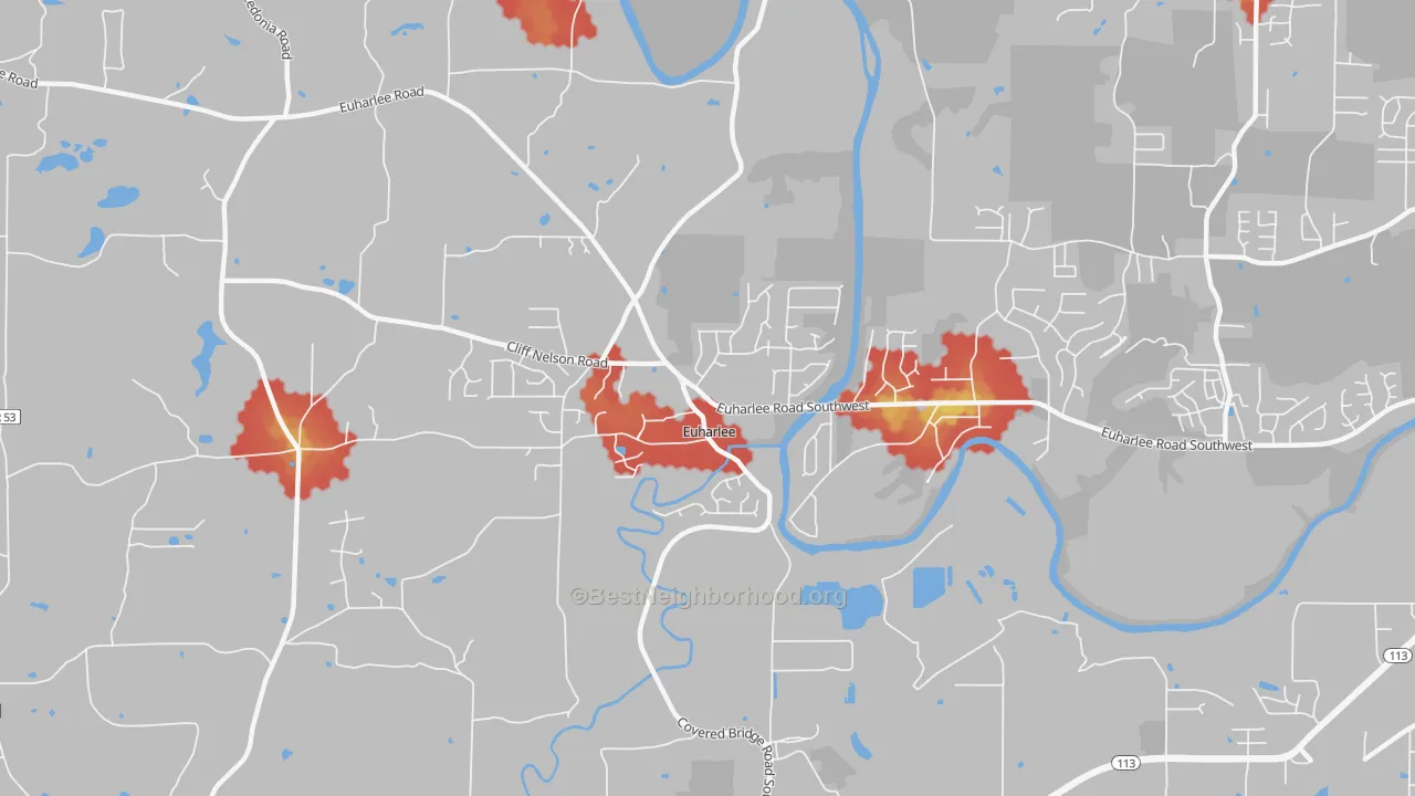Walk Grade map of Euharlee, GA, walkable areas in green and car-dependent areas in red