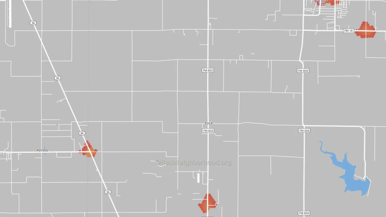 Walk Grade map of Eula, TX, walkable areas in green and car-dependent areas in red